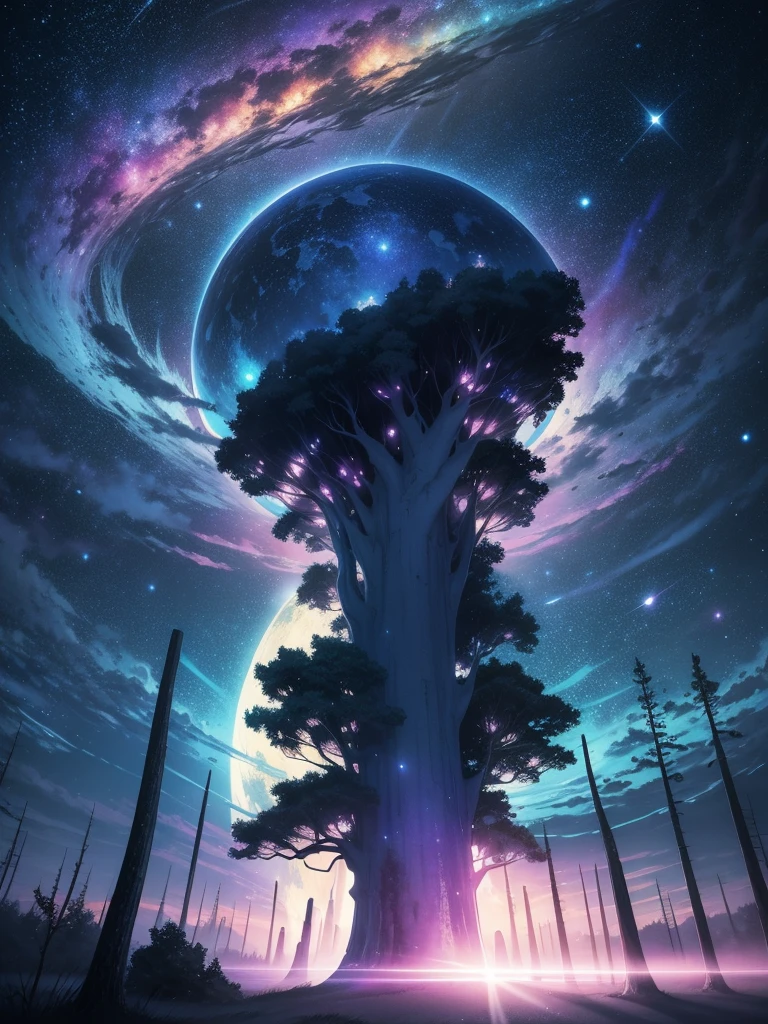 High quality, 8K Ultra HD, In "Celestial Dreamscape," the canvas bursts with ethereal colors that seem to defy the laws of nature, The sky is a mesmerizing blend of deep indigo and shimmering hues of violet, as though it holds secrets from distant galaxies, A cascade of celestial bodies, including otherworldly planets and iridescent moons, orbits in a cosmic dance, casting a soft glow upon the dreamlike landscape, The foreground reveals an enchanted forest, where trees are adorned with phosphorescent leaves that emit a gentle, soothing light. The trunks of these mystical trees twist and intertwine, creating archways that beckon viewers to explore the hidden realms beyond, Small, luminescent creatures flit between the branches, leaving trails of stardust in their wake, by yukisakura, high detailed,