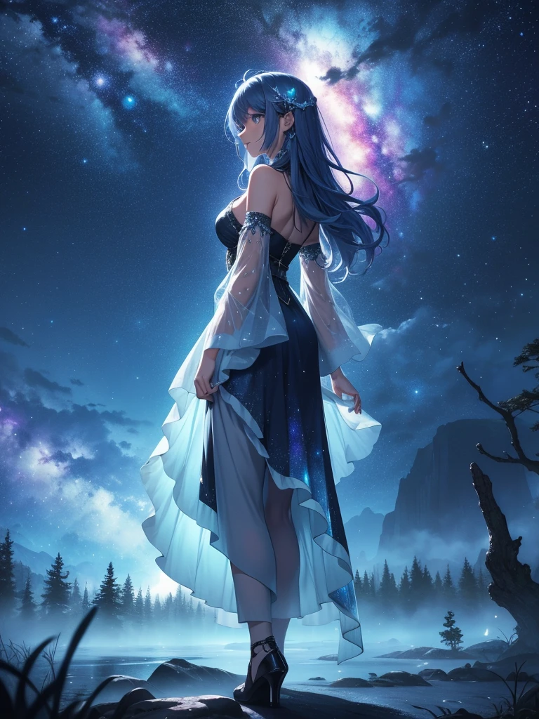 High quality, 8K Ultra HD, In "Celestial Dreamscape," the canvas bursts with ethereal colors that seem to defy the laws of nature, The sky is a mesmerizing blend of deep indigo and shimmering hues of violet, as though it holds secrets from distant galaxies, A cascade of celestial bodies, including otherworldly planets and iridescent moons, orbits in a cosmic dance, casting a soft glow upon the dreamlike landscape, The foreground reveals an enchanted forest, where trees are adorned with phosphorescent leaves that emit a gentle, soothing light. The trunks of these mystical trees twist and intertwine, creating archways that beckon viewers to explore the hidden realms beyond, Small, luminescent creatures flit between the branches, leaving trails of stardust in their wake, by yukisakura, high detailed,