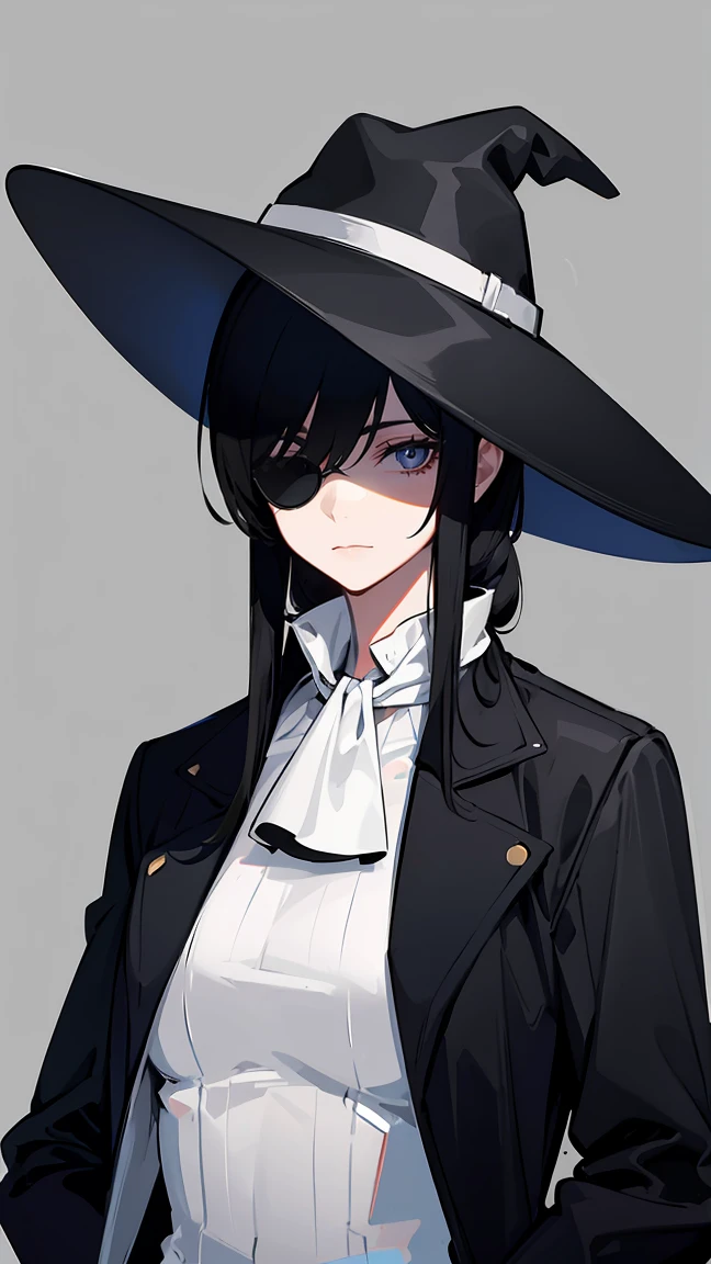 A woman who wears clothes that look like a detective, a black overcoat, black hat, round sunglasses, and has various white bandages tied around his neck, has scars around his eyes, your hair is black and white, featuring