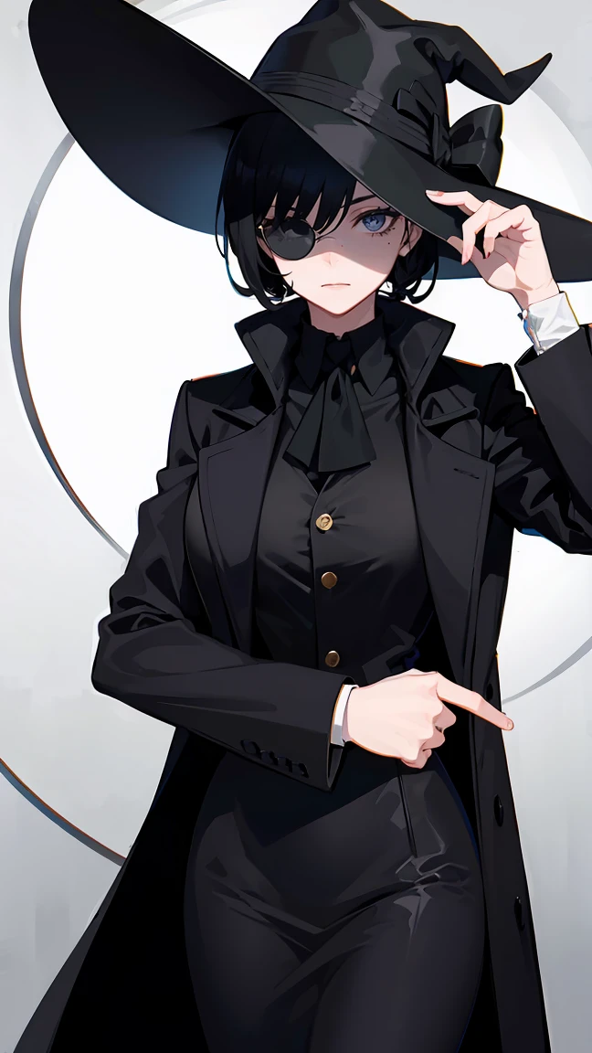 A woman who wears clothes that look like a detective, a black overcoat, black hat, round sunglasses, and has various white bandages tied around his neck, has scars around his eyes, your hair is black and white, featuring