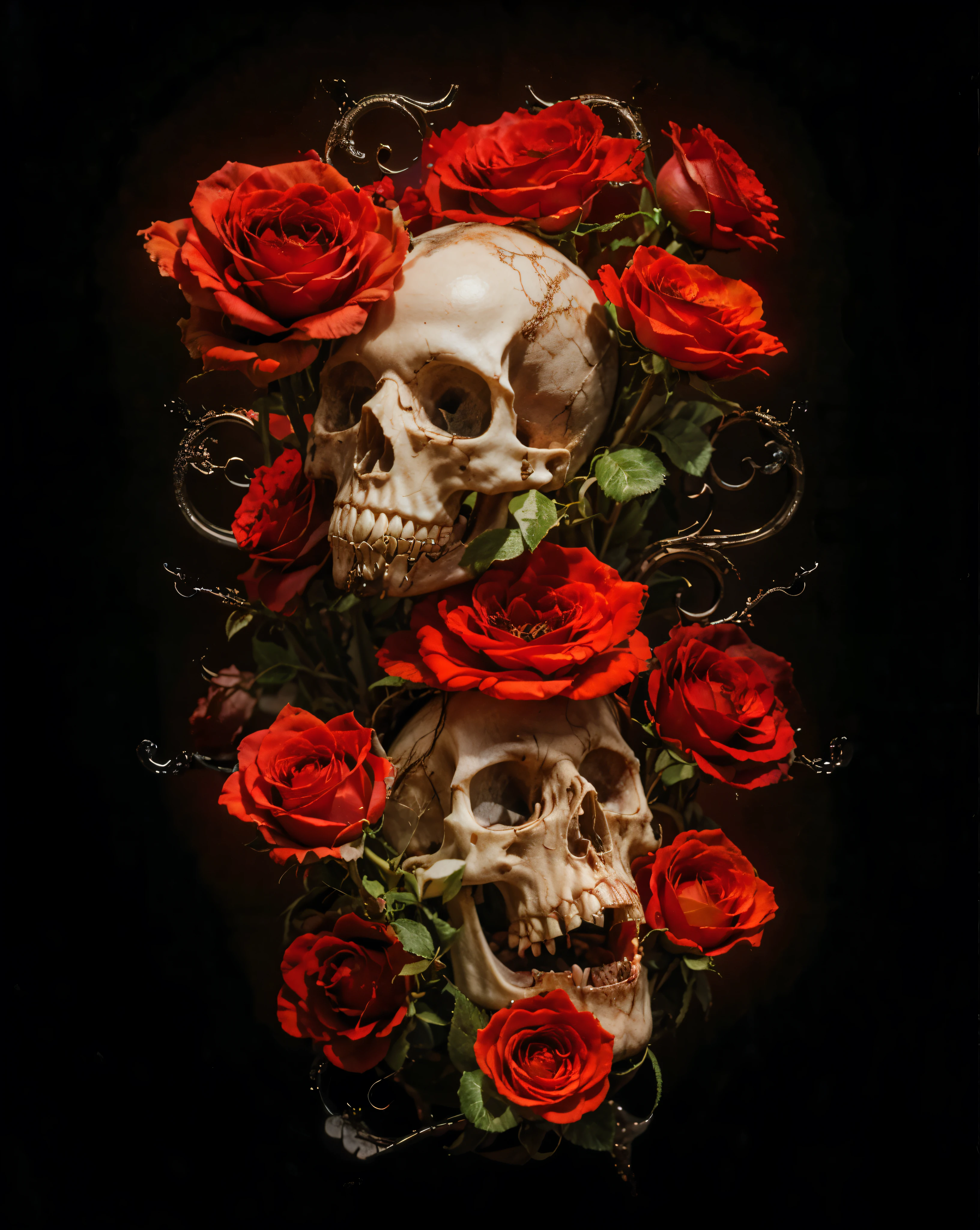 there is a skull and a bunch of red roses on a black background, skull made of red roses, skull bones flowers, translucent roses ornate, morphing skulls, by Anna Füssli, red neon roses, sacred skulls, by Serge Sudeikin, adorned with demon skulls, crown of roses, by Galen Dara, skulls around, sacred skull
