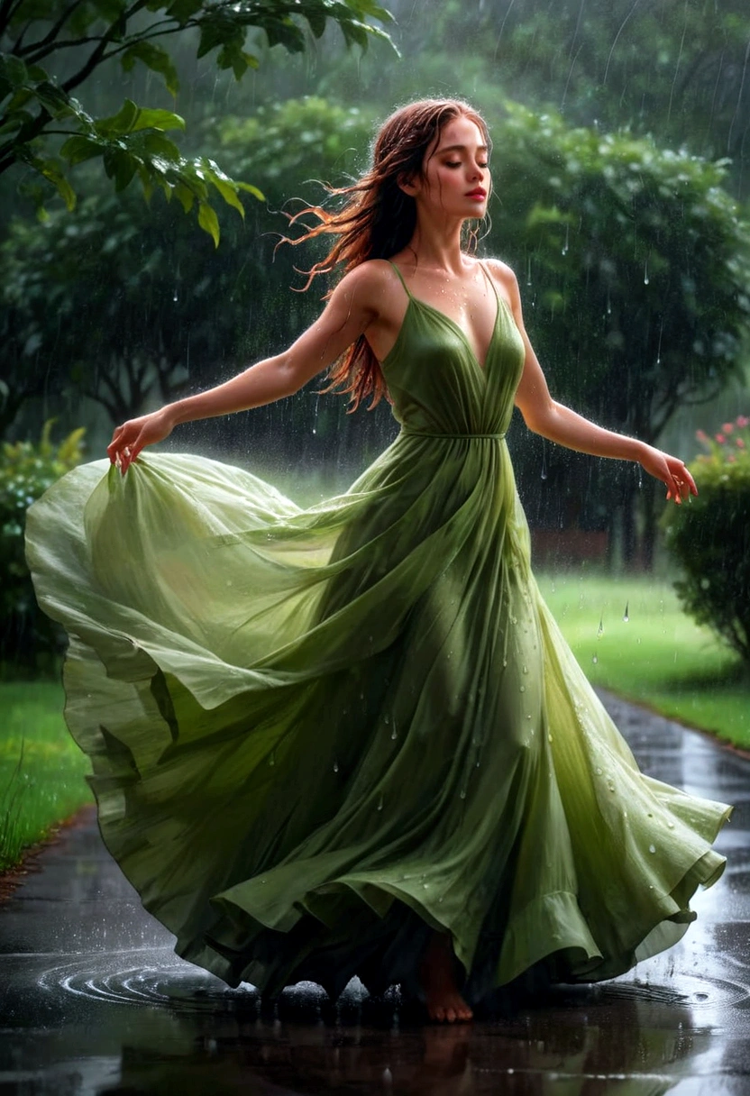 1girl, Dancing in the Rain, A woman dancing in the rain, elegant and graceful, raindrops sparkling on her skin, long flowing dress billowing in the wind, serene expression, peaceful atmosphere, natural lighting, lush green foliage in the background, moody and atmospheric, ethereal and dreamlike, cinematic composition, high-quality detailed rendering, 8k, hyper-detailed, masterpiece, best quality, very aesthetic, absurdres