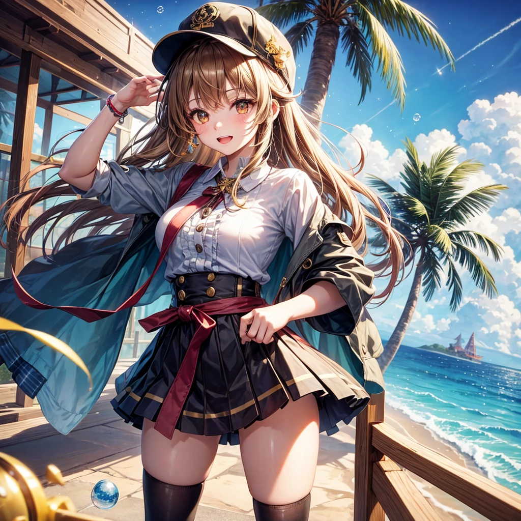 One Girl（８age）, pirate, Highest quality、Cinema Lighting、Sailor suit、Long skirt、 sailboat（Galleon）On the mast、White panties,