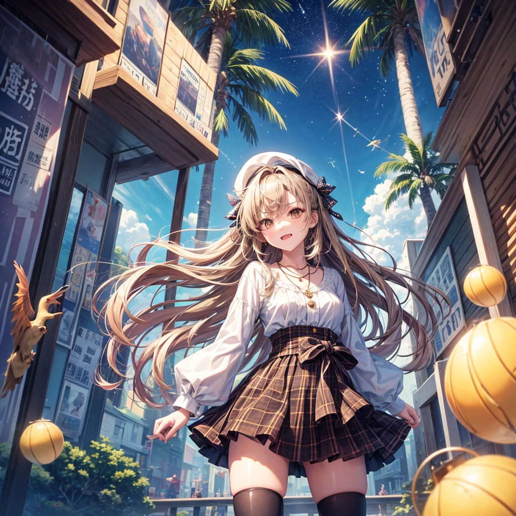 Red, brown, gold, gold hair、Golden Eyes、Hair tied up、One good looking girl、solo、anime、Checkered mini skirt、Ruffles on the skirt、Checked dress、blouse、school uniform、Black knee-high socks、Wearing a baseball cap、Ribbon、Ribbon on waist、Teeth are visible、Silver coin necklace、From above、Cobblestones、waterfall、Starry Sky、Midnight Moon、suspension bridge、Soap bubbles are flying、beam、Standing still、Eight Towers、Palm Tree、Transparent、Dragon flying、Sandy Beach、time and space、goddess、Billboard