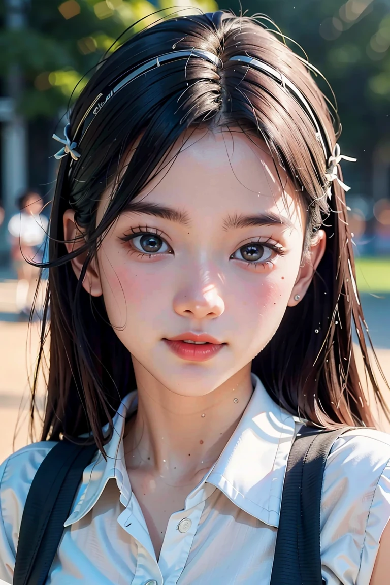 (hyperrealistic), (8K), (extremely detailed), (best illustration), (beautiful detailed eyes), (best quality), (ultra-detailed), (masterpiece), (wallpaper), (detailed face), solo, 1 girl, one-hour drawing challenge, wet sweat, (school uniform:1.3), looking at the audience, exquisite details, detailed faces, ,pureerosfaceace_ v1,