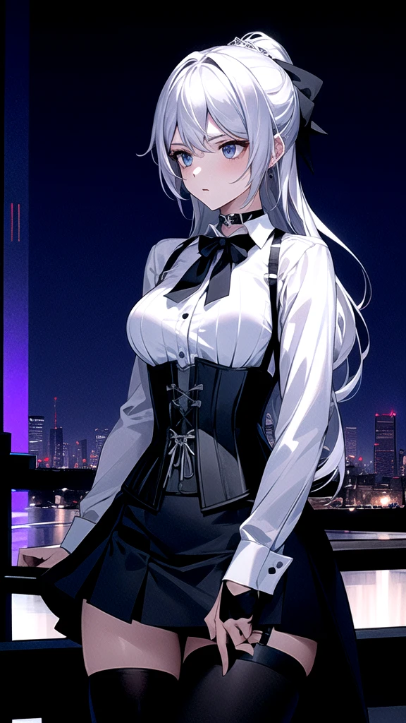 Best Quality, better resolution, 1 girl, serious expression, city background, at night , silver hair, choker:1.6, (long sleeve white collar buttoned shirt), (shiny black corset), black gloves covering your hands, (shiny black miniskirt), ,