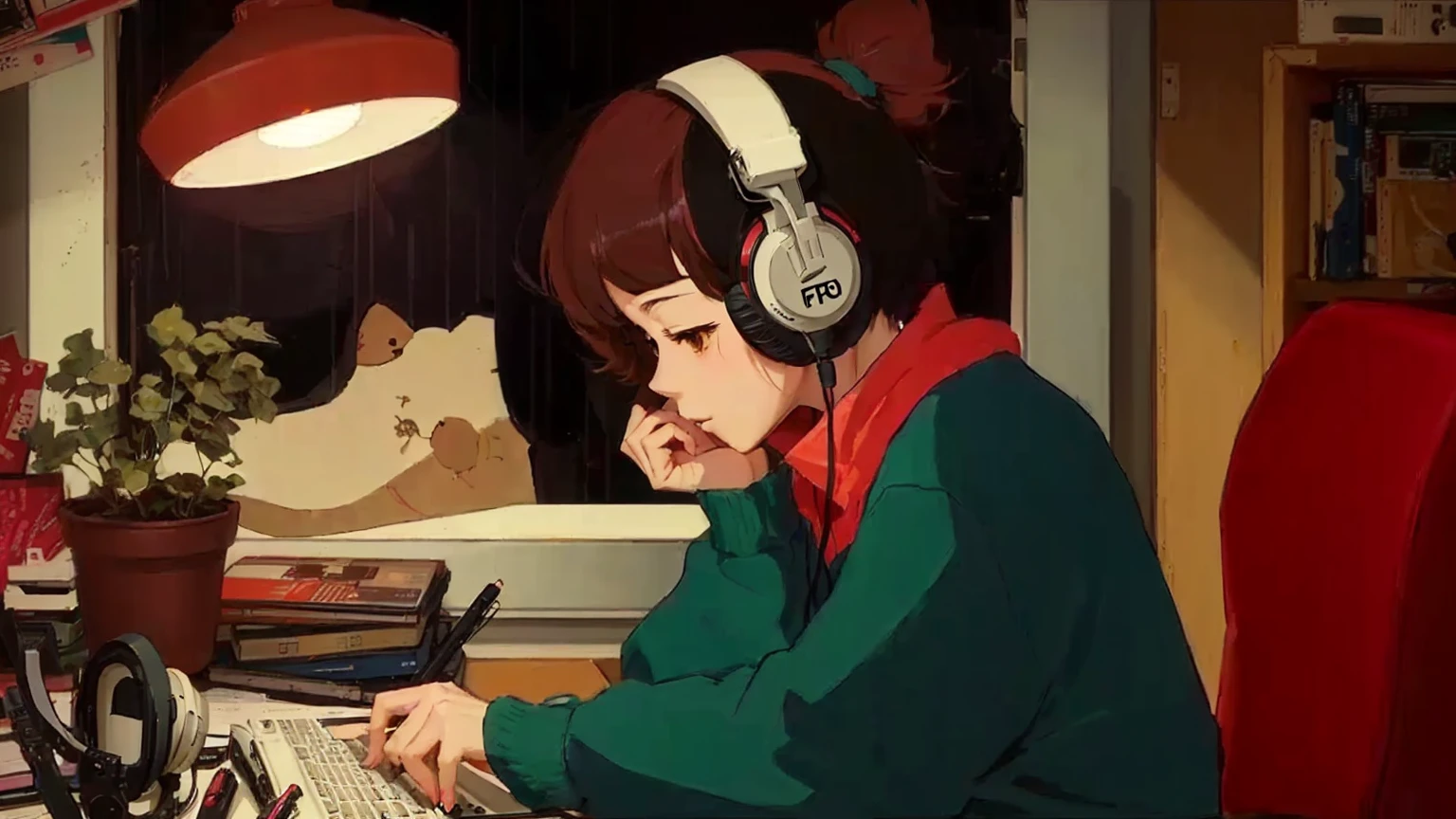 anime character sitting at desk with headphones on and looking at a laptop, lofi girl, lofi artstyle, lofi art, satoshi kon artstyle, lofi feel, lofi hip hop, lofi, lofi vibe, lofi vibes, satoshi kon anime, lofi girl aesthetic, chihiro! fujisaki, lo-fi art