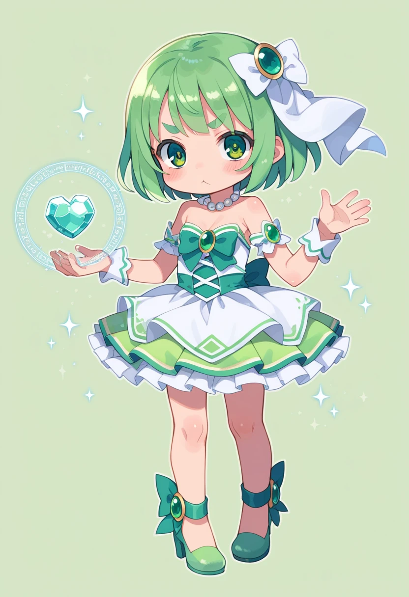 score_9, ,score_7_up, score_6_up, 1girl, source_cartoon, source_anime,breathtalking Scenery,watercolor,smooth soft skin, natural skin,mjm
BREAK
(loli:1.4),( female child: small breast,cute face, (loli toddle1.1), yo,kawaii, (highlight on eyes), (jiggly:0.8), shiny skin,beautiful eyes, detailed eyes, puffy eyes,
BREAK
(medium green hair:1.3),(green maro eyebrows:1.6),pouty and slightly grumpy,(pout:1.2), ::(, (jitome),(frown:0.6),white streaked hair, green eyes,
BREAK
hensin,henshin, magical girl, (transparent background:1.3),standing,{wearing shoes on feet},standing in front of eyes, sidelocks, bow, gem necklace, deepgreen pleats overskirt,white dress,frills, sash, frills, high_heels, collarbones, wedding dress, heart_print, BREAK
((((full-length figure)))), paint right up to the tip of the head,(solo),standing,(wearing boots on feet), ((is wearing lightgreen magical Girl Costumes)),(magical effect:1.2), magic circle,colorful background,light particles,light sparkles,crystal light,powder light,