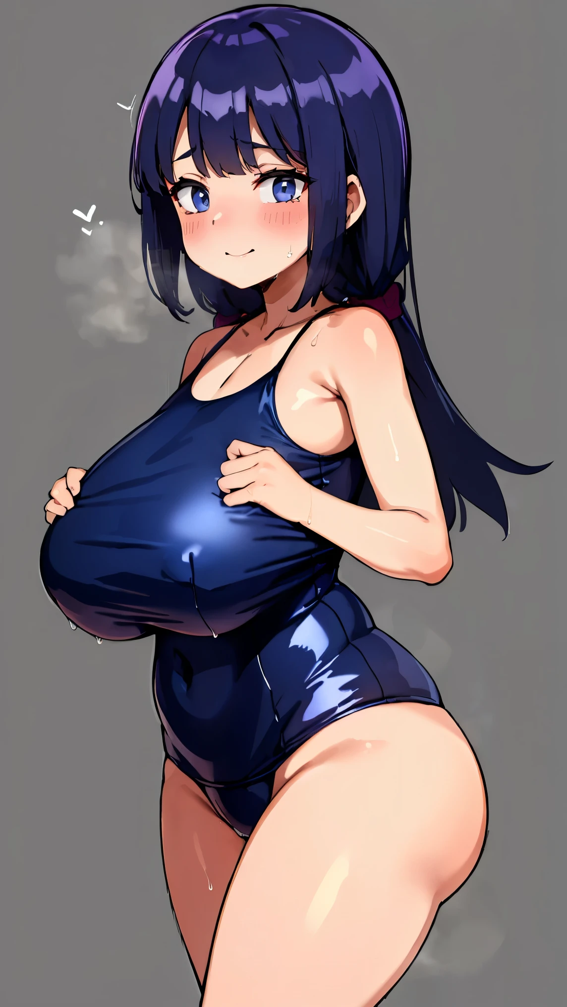 Anime Girls, (masterpiece, highest quality, 8K ultra-high resolution:1.4), gleaming skin, beautiful detailed eyes, ultra-detailed, cowboy shot
1girl. solo, mature, adult, milf, facing viewer,
looking at viewer,
smile, horny, sweat, nervous, 
((school swimsuit)), Highly detailed glossy skin, Dark blue one-piece swimsuit, (Swimsuit with wet and shiny details: 1.2),  boob tent, big butts, thick thighs,
grey background, simple background, 