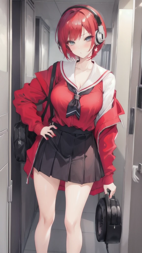 Sexy older female, short red hair, school dress, earrings, stars shining, using headphones, pouting, no revealing clothes