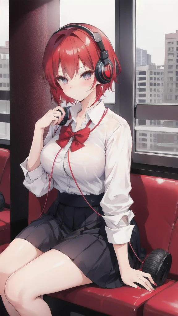 Sexy older female, short red hair, school dress, earrings, stars shining, using headphones, pouting, no revealing clothes