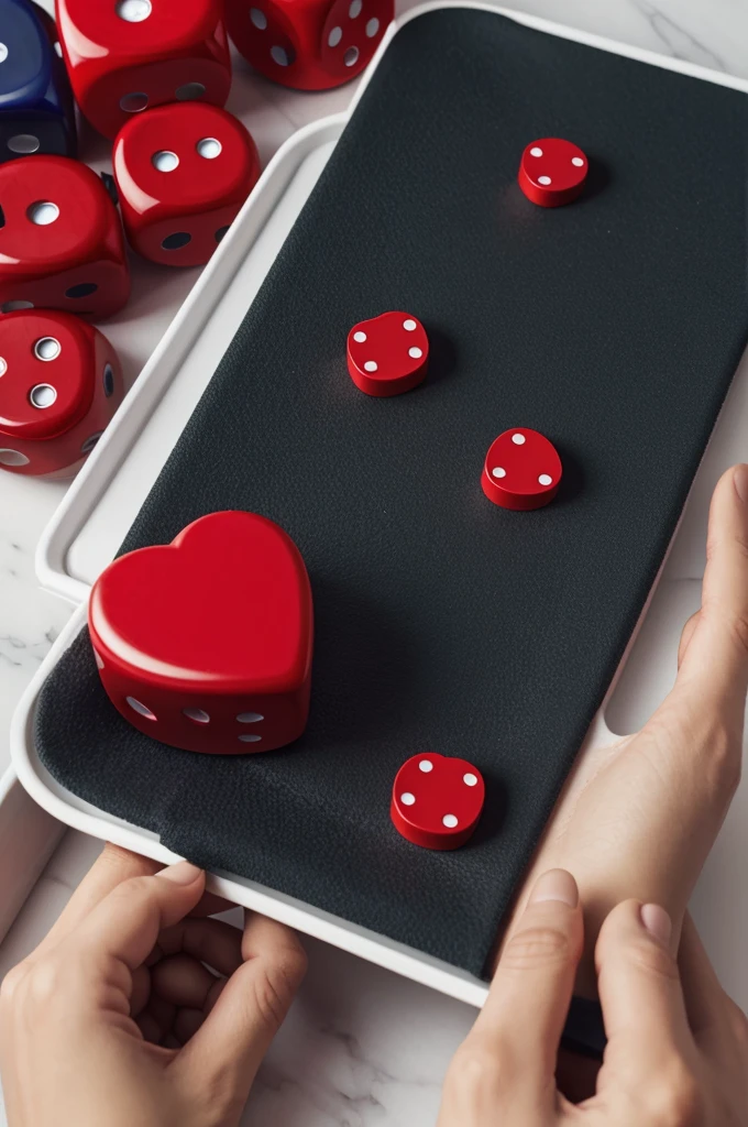 A person holding a knife has a red heart shape and floating dice.