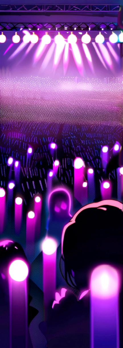 Concert audience with hands up, purple lighting, many lights