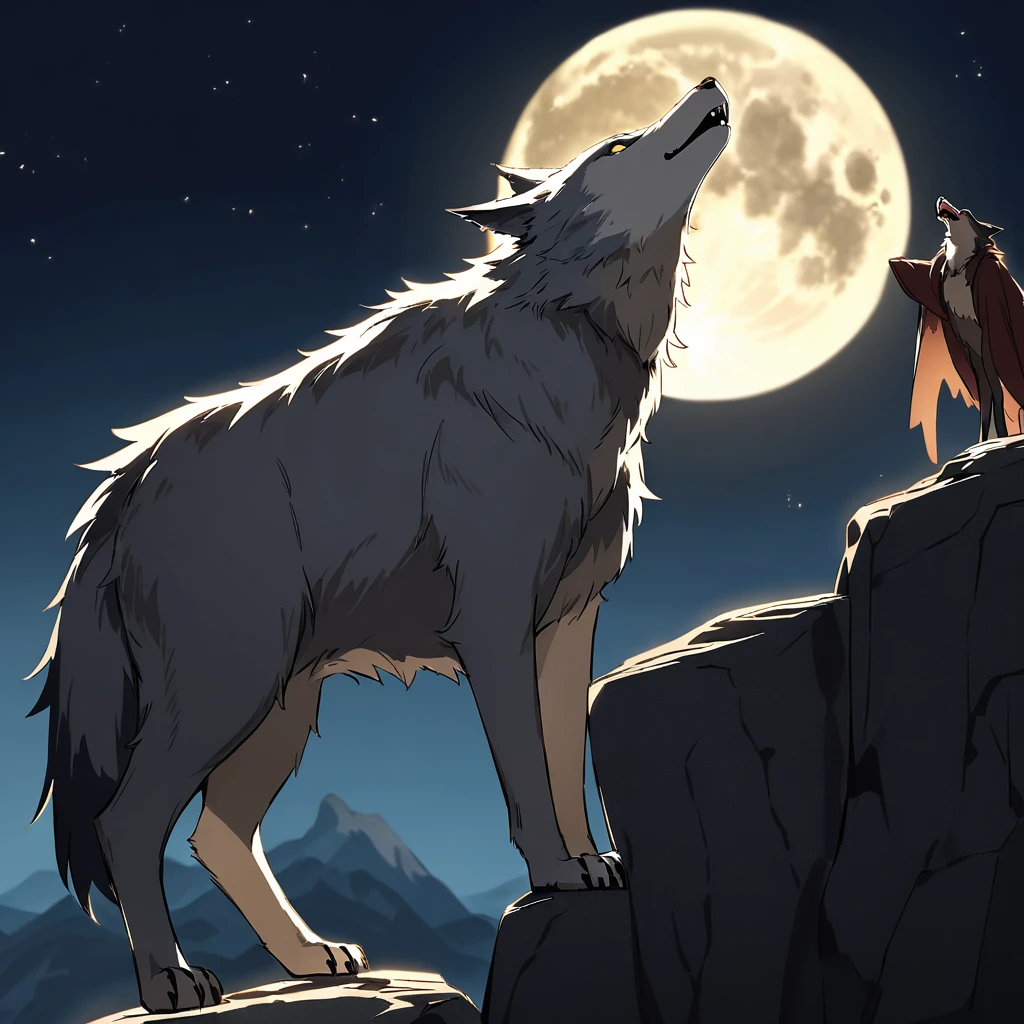 wolf standing at the edge of a cliff and howling at a full moon and illuminated by the bright full moon