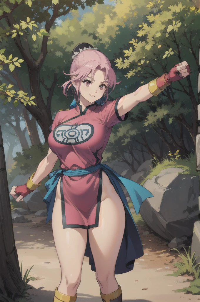 maam,big breasts,beautifuleyes,narrow waist,realistic,solo,outdoor,forest, martialMaam,pink hair,hair bun,long hair,china dress,short sleeves,sash,fingerless gloves,beautiful legs, smile, clenched fists, action pose,:1.1), lady, dragon quest