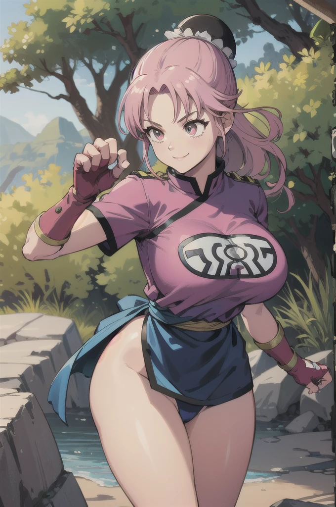 maam,big breasts,beautifuleyes,narrow waist,realistic,solo,outdoor,forest, martialMaam,pink hair,hair bun,long hair,china dress,short sleeves,sash,fingerless gloves,beautiful legs, smile, clenched fists, action pose,:1.1), lady, dragon quest