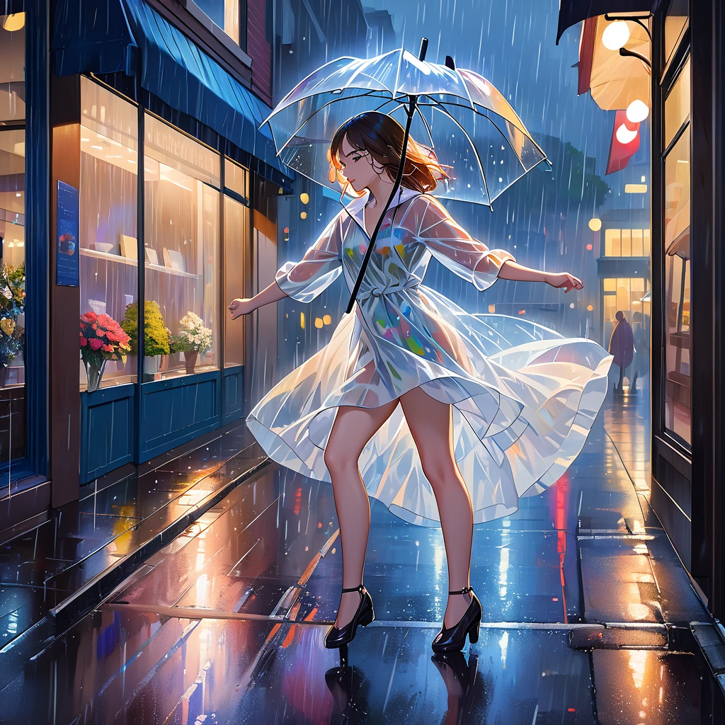 best quality, highres, ultra-detailed, realistic:1.37,a girl in a city at night,wearing made of transparent vinyl rain coat,holding an umbrella,((dancing in the rain like Singin' in the Rain:1.8)),Close to cold colors,reduce saturation,((natural color:2.8)) full-body image,medium:oil painting,detailed face,beautiful eyes and lips,dark and moody atmosphere,vibrant colors,streaks of raindrops,city lights reflecting on wet streets,glowing umbrellas in the background,shimmering rain-soaked pavement,ethereal and dreamy lightin,((lined up shop windows and narrow sidewalk background:2.0))