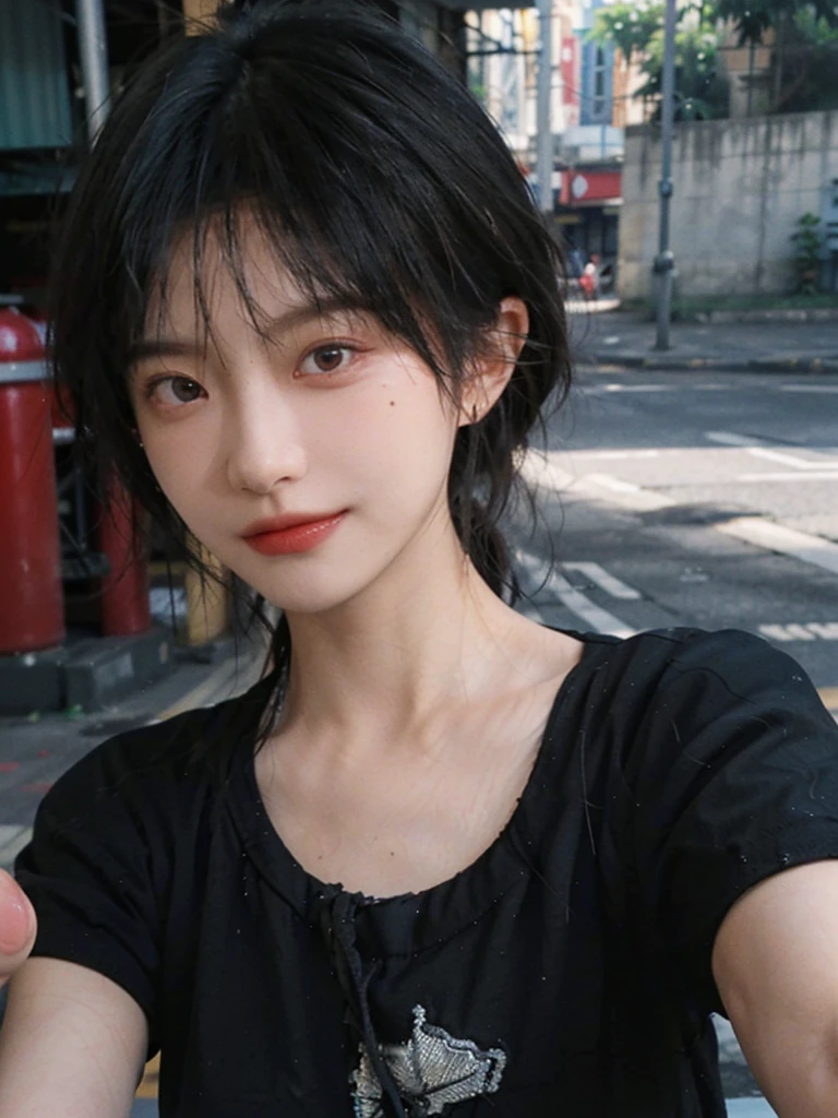 (Skin details:1.4), (smooth skin textures:1.3), (Upper Body:1.4),(Upper Body:1.3),(Black clothes:1.4),Lipstick, background, earrings, serene, calm, (Realistic and detailed eyes:1.2), Natural skin texture, Realistic facial details, Soft dramatic lighting, Vivid details, 35 mm film, outdoor, (Photo Practical:1.4), (hyper Practical:1.4), (Practical:1.3), (Smoother lighting:1.05), (Improve lighting quality:0.9), (Highest quality real skin textures:1.4), Exquisite eyes, Delicate face, Close-up of face, (Enhance the beauty of skin texture:1.1),0Normal body proportions, short hair, Moles under the eyes, A faint smile,Portrait Photography, Depth of Field, Bokeh, Surrealism, Ray Tracing, (Portrait Photography:1.1), Surrealism, High Detail, Chiaroscuro, Ray Tracing, reflected light, Ultra HD, Ultra HD, masterpiece, Textured Skin, Super Detail, High Detail, high quality, best quality
