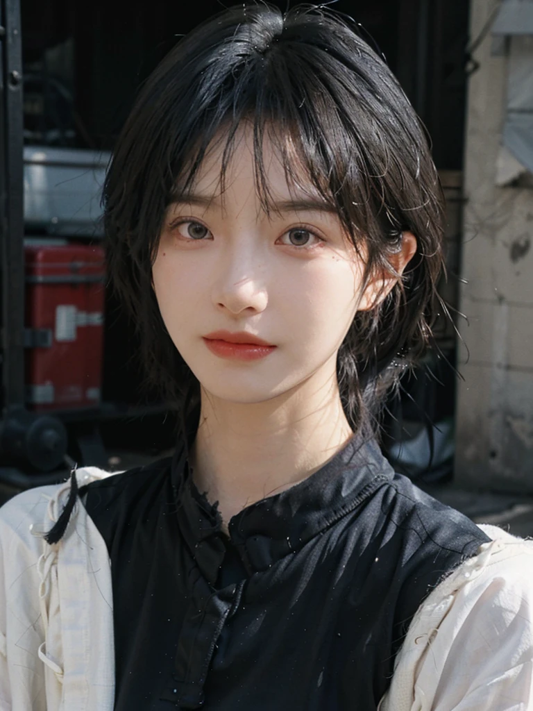(Skin details:1.4), (smooth skin textures:1.3), （Upper Body：1.4），（Upper Body：1.3)，(Black clothes:1.4)，Lipstick, background, earrings, serene, calm, (Realistic and detailed eyes：1.2）, Natural skin texture, Realistic facial details, Soft dramatic lighting, Vivid details, 35 mm film, outdoor, (Photo Practical:1.4), (hyper Practical:1.4), (Practical:1.3), (Smoother lighting:1.05), (Improve lighting quality:0.9), (Highest quality real skin textures:1.4), Exquisite eyes, Delicate face, Close-up of face, (Enhance the beauty of skin texture:1.1),0Normal body proportions, short hair, Moles under the eyes, A faint smile,Portrait Photography, Depth of Field, Bokeh, Surrealism, Ray Tracing, (Portrait Photography:1.1), Surrealism, High Detail, Chiaroscuro, Ray Tracing, reflected light, Ultra HD, Ultra HD, masterpiece, Textured Skin, Super Detail, High Detail, high quality, best quality