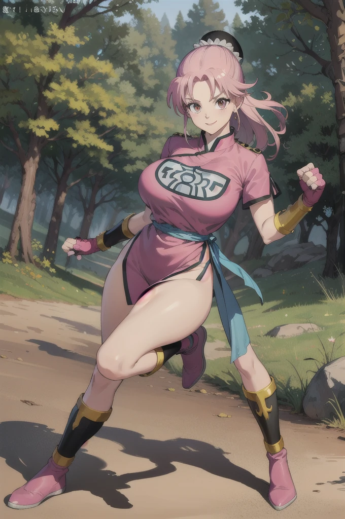 maam,big breasts,beautifuleyes,narrow waist,realistic,solo,outdoor,forest, martialMaam,pink hair,hair bun,long hair,china dress,short sleeves,sash,fingerless gloves,beautiful legs, smile, clenched fists, action pose,:1.1), lady, dragon quest