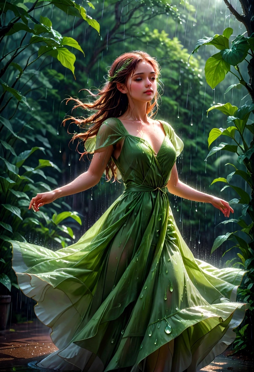 1girl, Dancing in the Rain, A woman dancing in the rain, elegant and graceful, raindrops sparkling on her skin, long flowing dress billowing in the wind, serene expression, peaceful atmosphere, natural lighting, lush green foliage in the background, moody and atmospheric, ethereal and dreamlike, cinematic composition, high-quality detailed rendering, 8k, hyper-detailed, masterpiece, best quality, very aesthetic, absurdres