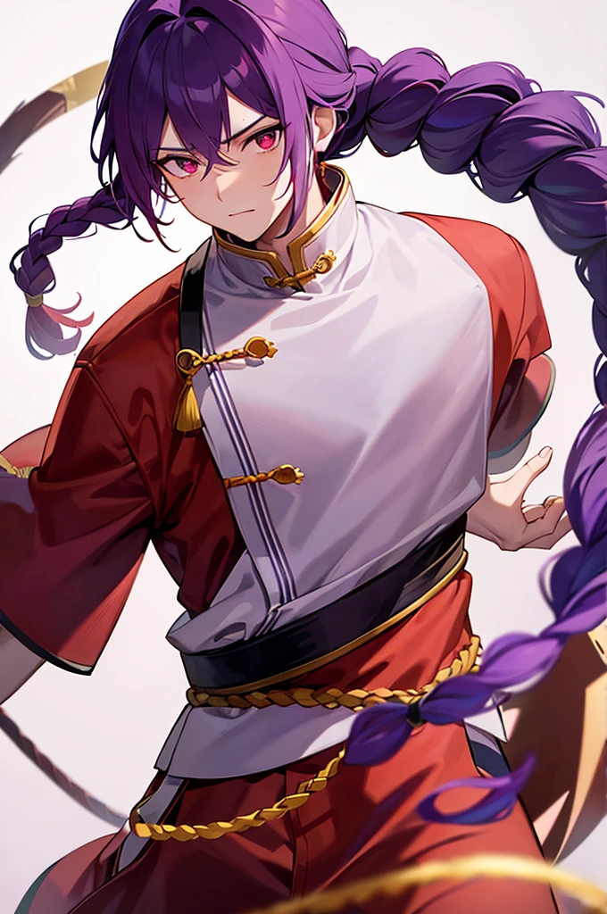 Purple Hair、Red eyes、White background、Anime characters、Knot、Braid、A man wearing Chinese clothing、Black and yellow outfit、A young man with a determined look、Man standing facing forward、Adult male