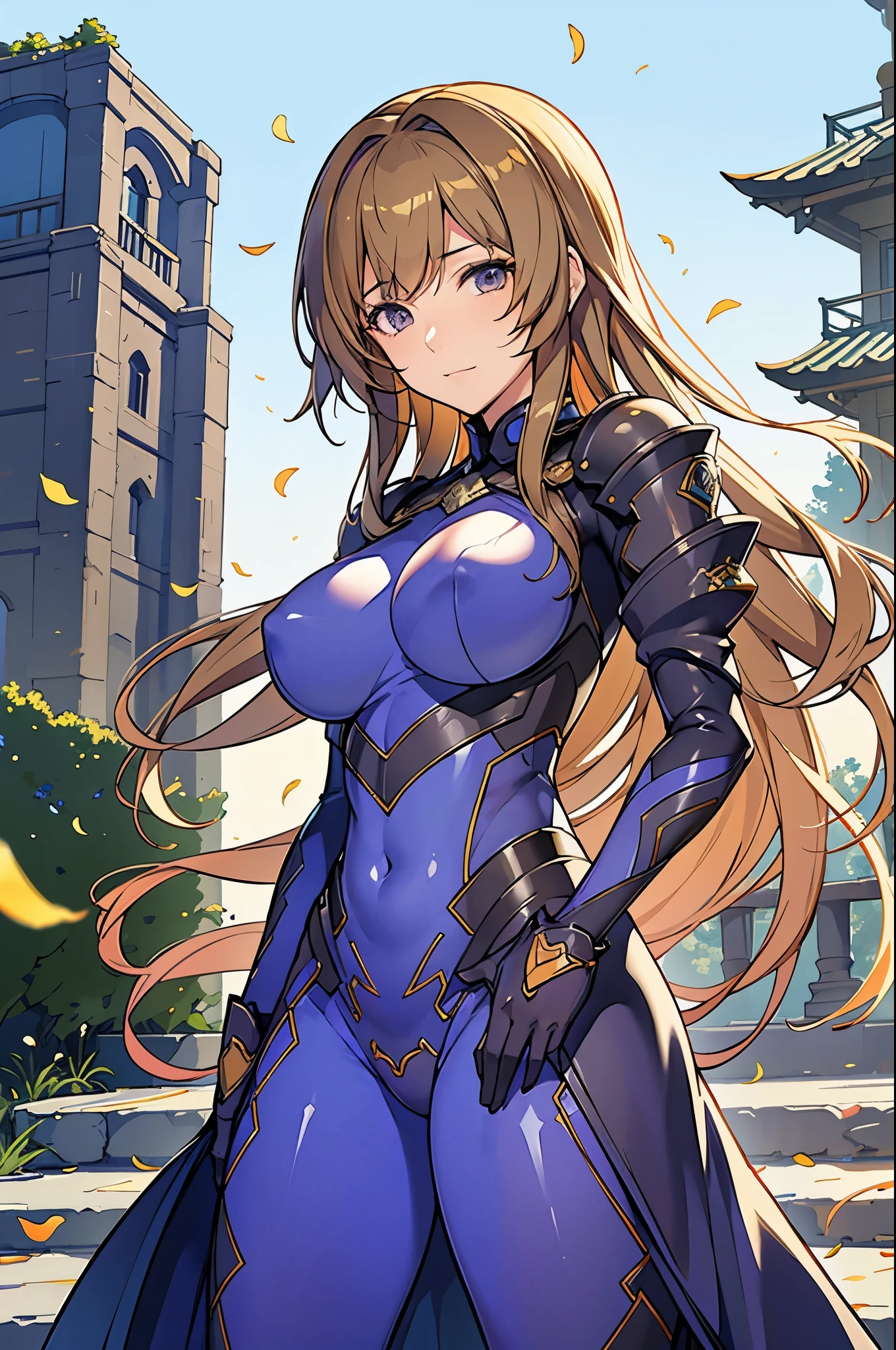 best quality, official art, masterpiece, textile shading, HDR, very detailed, colorful, best details, fantasy, suit, Yui Takamura:1.9, 1 female, 25 years old, best quality, official art, masterpiece, textile shading, HDR, very detailed, colorful, best details, fantasy, battle suit,1 female, 25 years old, standing on stairs,A castle town with an old castle view, sunny,choppy hair, big breast, skinny,Surrounded by a large crowd:1.9、Confetti flutters、Blessed、Being welcomed:1.5、cameltoe:1.3, ground level shot:1.9,
