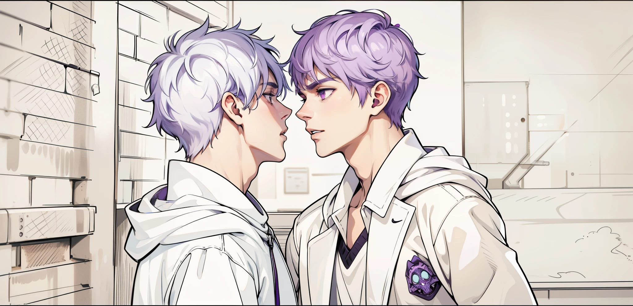 two young men, one of them is threatening the other, he is intimidating him, they have purple hair, purple eyes.
