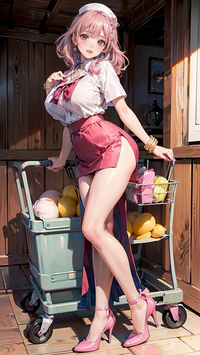 (Masterpiece, BestQuality:1.3), (ultra detailed:1.2), (hyperrealistic:1.3), (RAW photo:1.2), High detail RAW color photo, professional photograph, (Photorealistic:1.4), (realistic:1.4), professional lighting, perfect anatomy, (Big Breasts:1.2), (blush, detailed face), (cheerful Smile:1.5), (Pink Hair:1.5), Trending Hair&Trending Hairカラーをランダムに, earrings, necklace, bracelet, sexly, erotic sexly, Random sexy gravure poses, ((Sexy cabin attendant、Smiling seductively while pushing a service cart on board。Tight skirt and high heels are erotic。: 1.3)