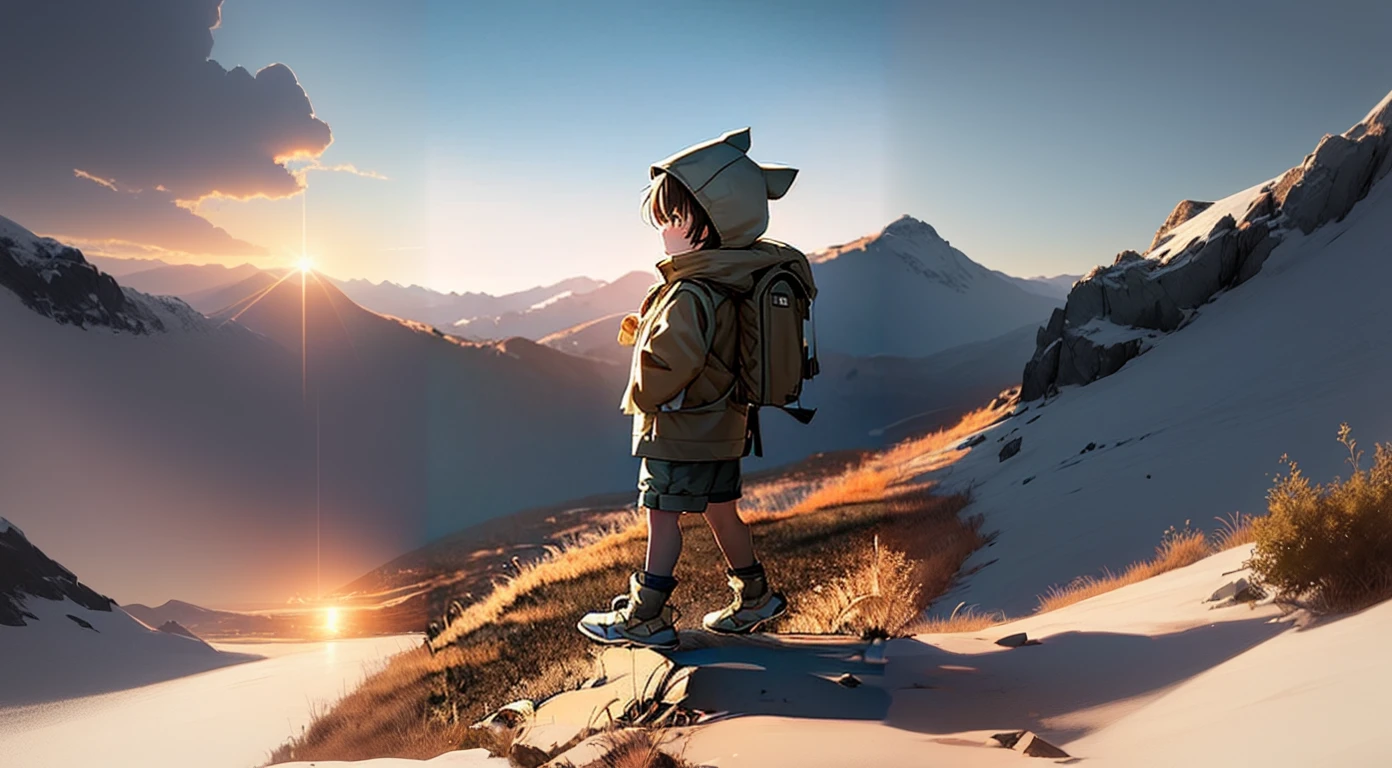 A boy with a backpack is standing on a rock, Makoto Shinkai Cyril Rolland, Gweiz-style artwork, Cyril Rolland and Goro Fujita, makoto shinkai. Digital Rendering, Makoto Shinkai's Style, Anime Style. 8K, Anime Styled 3d, Inspired by Goro Fujita
