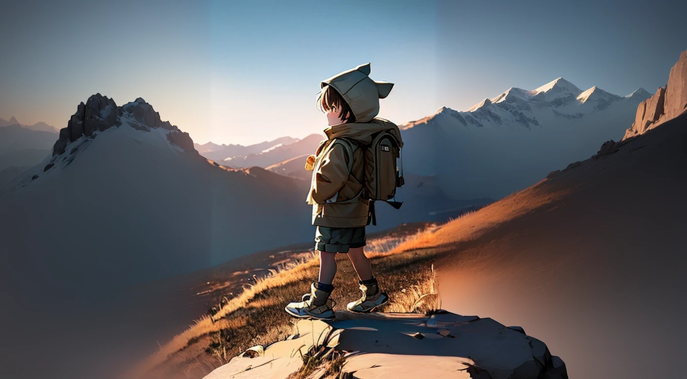 A boy with a backpack is standing on a rock, Makoto Shinkai Cyril Rolland, Gweiz-style artwork, Cyril Rolland and Goro Fujita, makoto shinkai. Digital Rendering, Makoto Shinkai&#39;s Style, Anime Style. 8K, Anime Styled 3d, Inspired by Goro Fujita