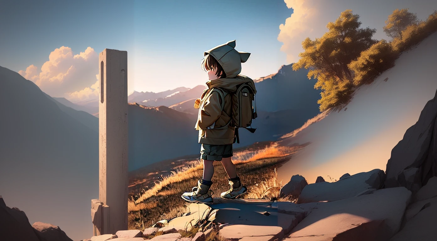 A boy with a backpack is standing on a rock, Makoto Shinkai Cyril Rolland, Gweiz-style artwork, Cyril Rolland and Goro Fujita, makoto shinkai. Digital Rendering, Makoto Shinkai's Style, Anime Style. 8K, Anime Styled 3d, Inspired by Goro Fujita