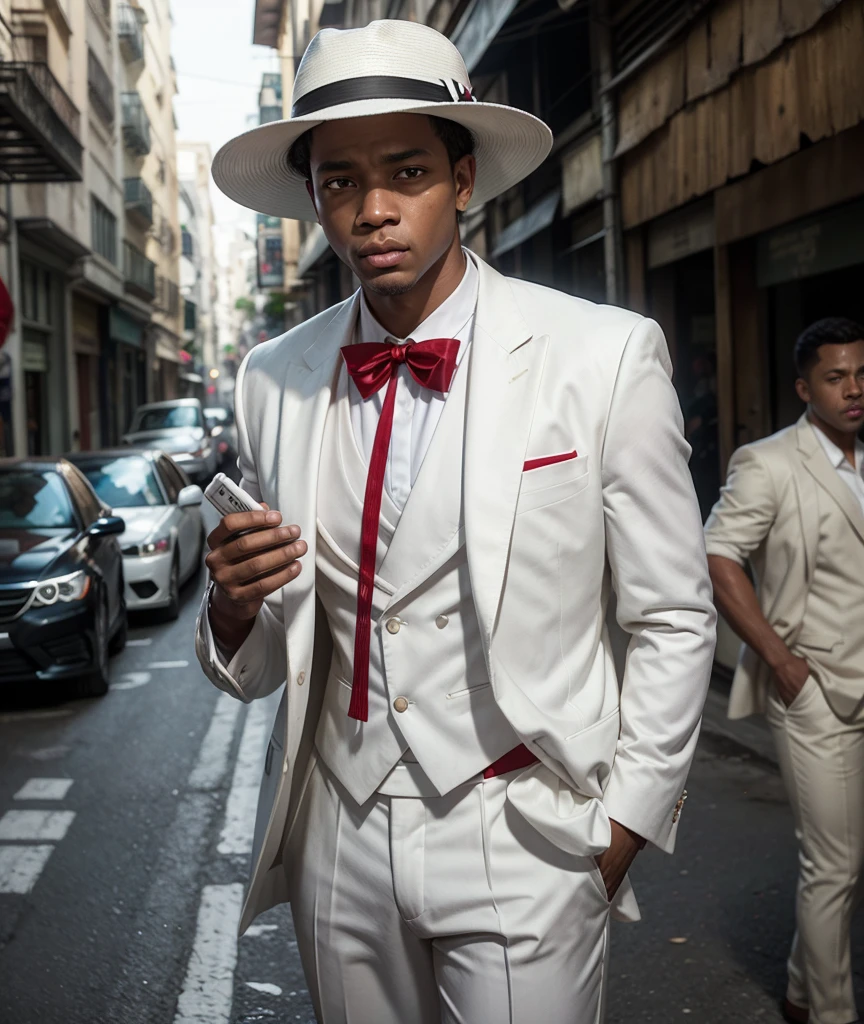 Illustration style by Craig Mullins, equipped black man, short cut hair, thick lips, white panama hat with a red ribbon, white suit and , copo de qhisky na mão, surrounded by bars on the street