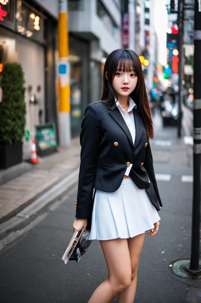a 19 year old girl, she is the most beautiful actress in the world, the perfect body proportions of this girl, the blazer is worn on the formal shirt that's clothing her upper body, her crotch area of the panties are hardly hidden by short skirt, her bare legs, it's just front of her body in this photo, it from just above her head to just below her shins are within this photo space, she is standing straight at the street, nsfw, best quality, highly detailed, masterpiece, ultra high res, photo realistic, 8k, RAW photo