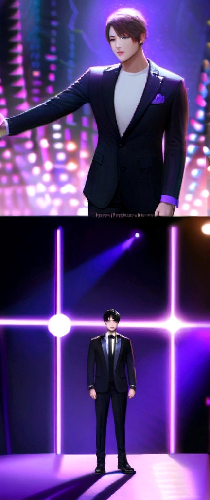 dark sky, purple lighting,k-pop male show,lightning strike, hyperrealisti, highy detailed,8K, illuminated stage, bright reflectors, audience holding lights.