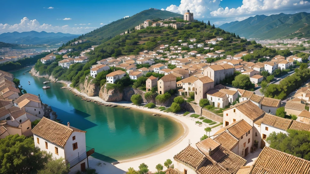 Beautiful scenery of ancient Spanish village. Aerial view. Photorealistic photos. High definition