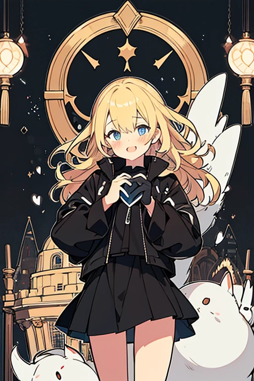1girl，blond hairbl，with (long) curly white hair, Black jacket, dark blue shirt inside, black skirt, black ribbons, Light blue eyes，blush , black gloves, Fleet style, bright eyes, meium height, medium body weight, very big eyes, detailed, mature, sensitive, heart in eyes, European cities background, winter, night, beautiful night city view, masterpiece, best quality, wallpaper,ancient European buildings, 20th century style, dark background, midnight, big smile 