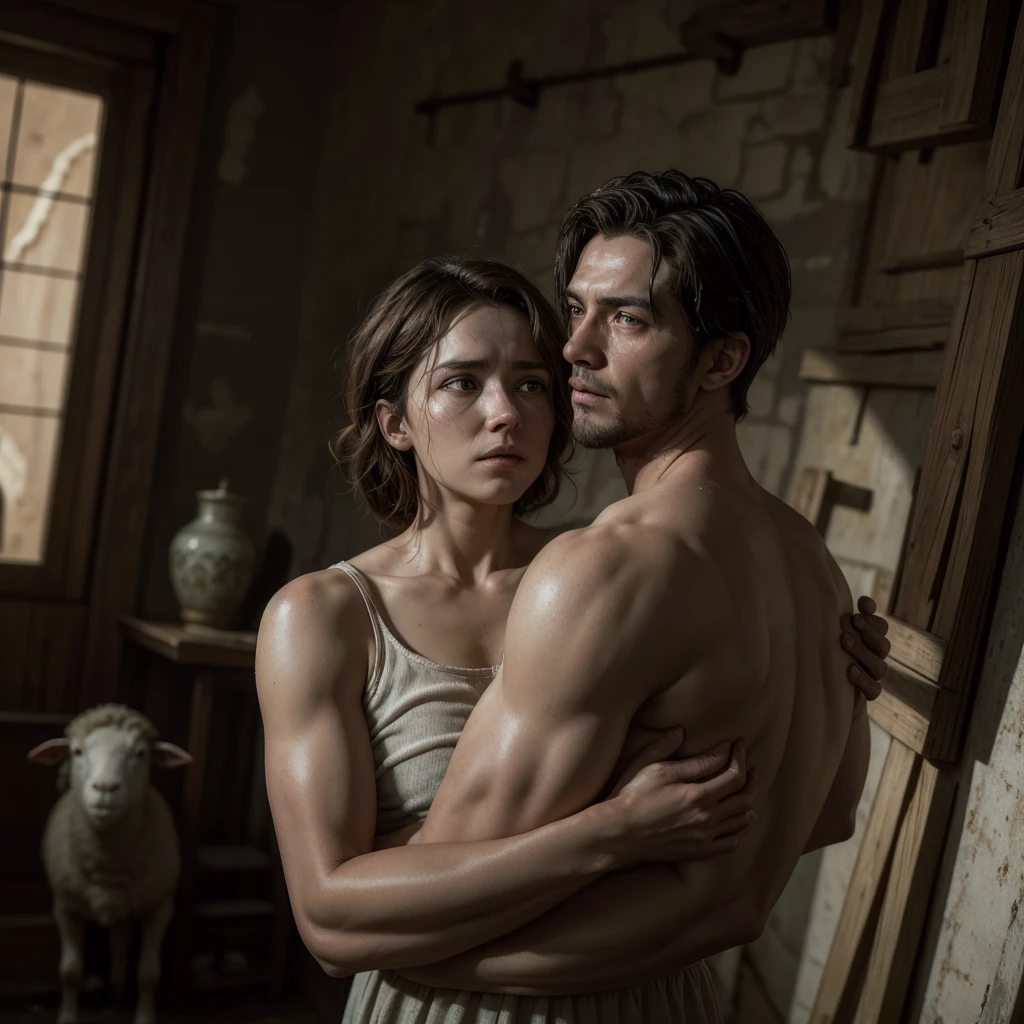 a woman with the recently found lost drachma, with a lost sheep in the background on one side and the prodigal son crying in his father's arms on the other side, the 3 parables in a realistic photo, intricate details, cinematic lighting, highly detailed, photorealistic, 8k, best quality, masterpiece, realistic lighting, dramatic shadows, cinematic composition