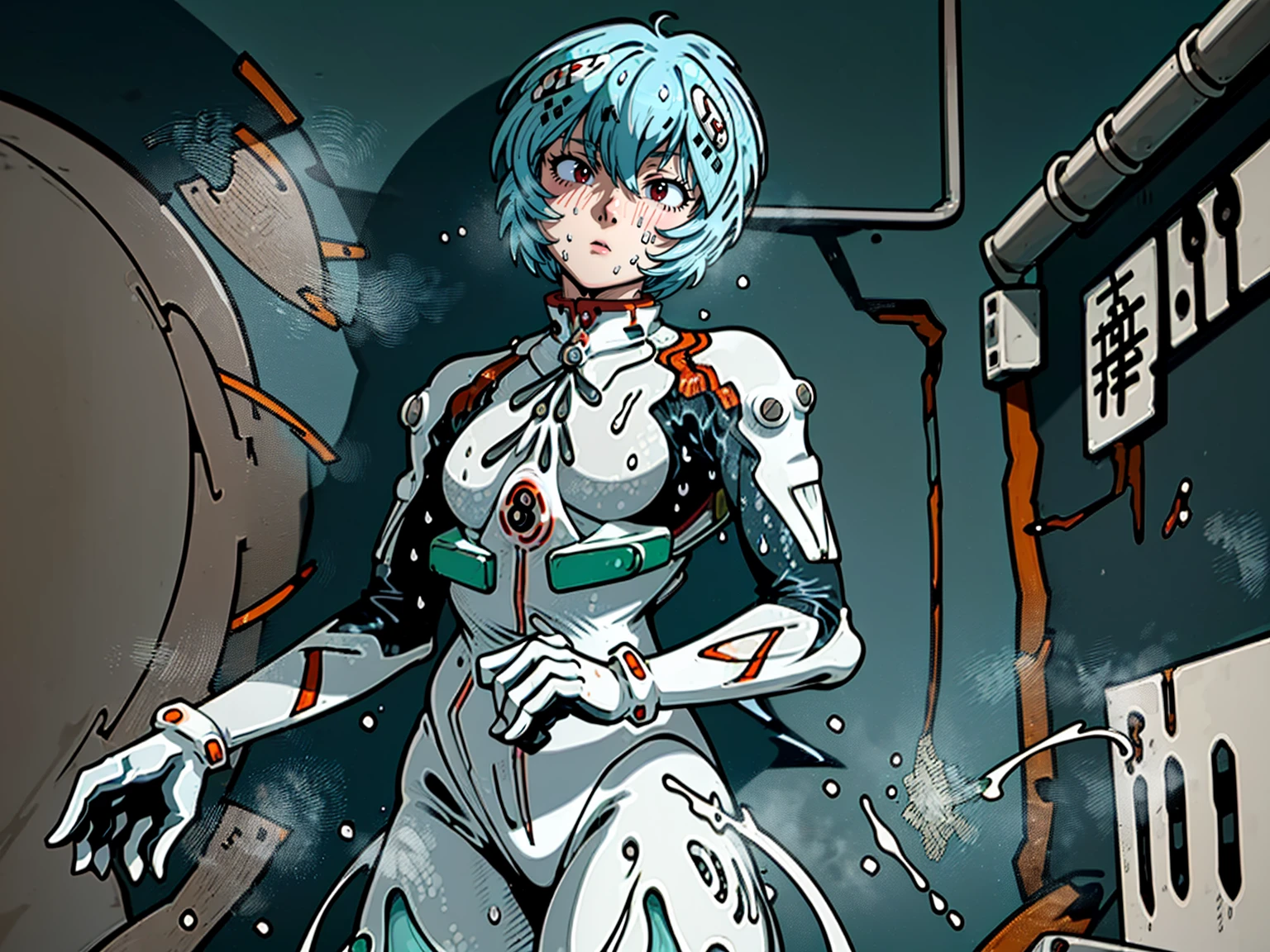 ((Highest quality, 8k wallpaper)),(masterpiece, Highest quality),Very detailed,High resolution,(Official Art:1.3),(((Anime screenshots,Black outline))),One girl,alone, Break mer1,(Rei Ayanami {Neon Genesis Evangelion,}1.2),masterpiece, best quality, outdoor, 1girl, Solo,red eyes,short hair,blue hair, (White plug suit:1.4), skin tight,(Tired look, A look of regret, Struggled, Half-closed eyes, fear, humiliation, Frightened, anxiety:1.3),(((Covered in sweat, Mass sweat, Sweating profusely,steam:1.7))), (hands on breast,kneeling:1.8), (Dirty Costume with mud,gym storeroom:1.5),(((dirty:1.6)))