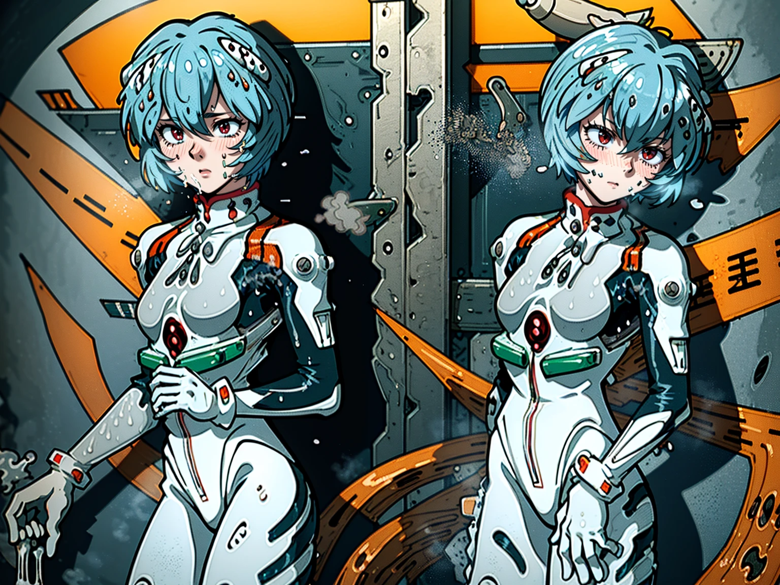 ((Highest quality, 8k wallpaper)),(masterpiece, Highest quality),Very detailed,High resolution,(Official Art:1.3),(((Anime screenshots,Black outline))),One girl,alone, Break mer1,(Rei Ayanami {Neon Genesis Evangelion,}1.2),masterpiece, best quality, outdoor, 1girl, Solo,red eyes,short hair,blue hair, (White plug suit:1.4), skin tight,(backlight, shaded face, cross-eyed, rolling eyes, empty eyes, jitome, raised eyebrows, one eye closed:1.3),(((Covered in sweat, Mass sweat, Sweating profusely,steam:1.7))), (((fighting stance, knees together feet apart, leaning forward, holding own arms, bent legs:1.3))), (Dirty Costume with mud:1.5),Bottomless Swamp,Drowning in a mud swamp,(((partially submerged:1.4))),(((独奏, cowboy shot:1.7))),