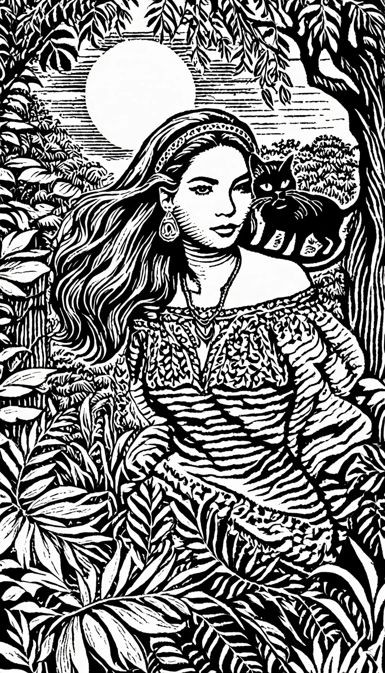 (Black and white woodcut:1.5)、(Second floor in black and white.)、foreground, dark and sinister atmosphere、front face of a hippie woman with a headband, dressed with feather earrings,  wide, with a wool blouse,  with bare shoulders, ((big breasts)), with a black cat in his arms in a lush jungle with vegetation, Mysterious、