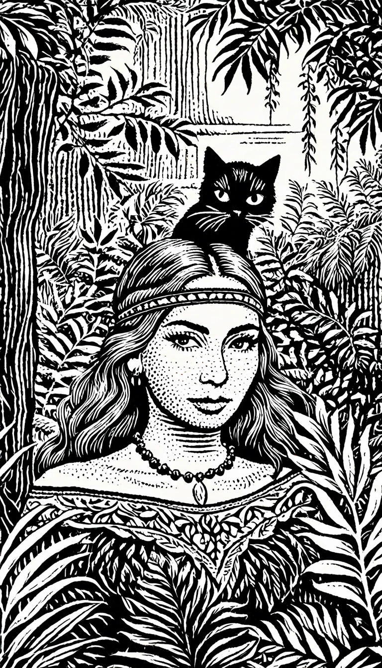 (Black and white woodcut:1.5)、(Second floor in black and white.)、foreground, dark and sinister atmosphere、front face of a hippie woman with a headband, dressed with feather earrings,  wide, with a wool blouse,  with bare shoulders, ((big breasts)), with a black cat in his arms in a lush jungle with vegetation, Mysterious、