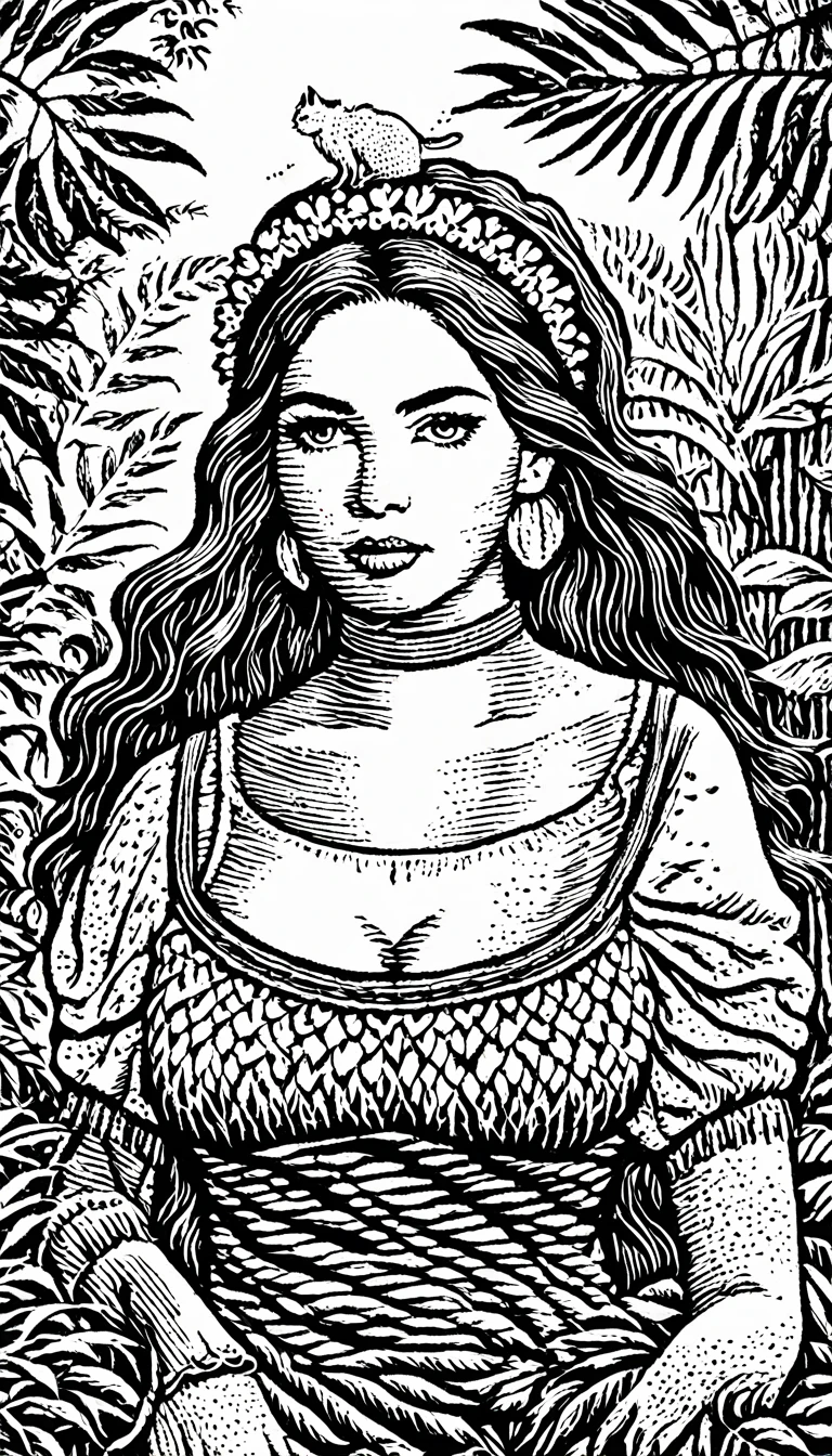 (Black and white woodcut:1.5)、(Second floor in black and white.)、foreground, dark and sinister atmosphere、front face of a hippie woman with a headband, dressed with feather earrings,  wide, with a wool blouse,  with bare shoulders, ((big breasts)), with a black cat in his arms in a lush jungle with vegetation, Mysterious、