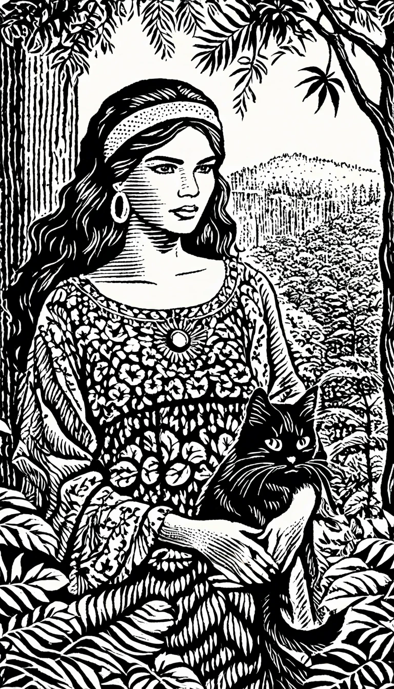 (Black and white woodcut:1.5)、(Second floor in black and white.)、foreground, dark and sinister atmosphere、front face of a hippie woman with a headband, dressed with feather earrings,  wide, with a wool blouse,  with bare shoulders, ((big breasts)), with a black cat in his arms in a lush jungle with vegetation, Mysterious、