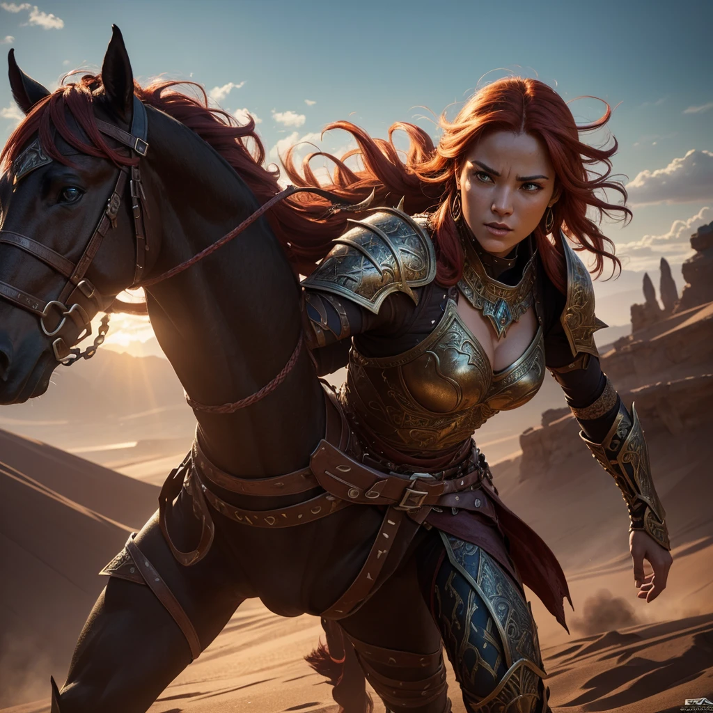 a fierce female warrior in a fantasy setting, intricate armor and weaponry, dramatic lighting, intense action pose, fiery red hair flowing, detailed facial features, muscular physique, desert or volcanic background, cinematic composition, (best quality,4k,8k,highres,masterpiece:1.2),ultra-detailed,(realistic,photorealistic,photo-realistic:1.37),digital painting,concept art,dramatic lighting,vibrant colors,intricate details