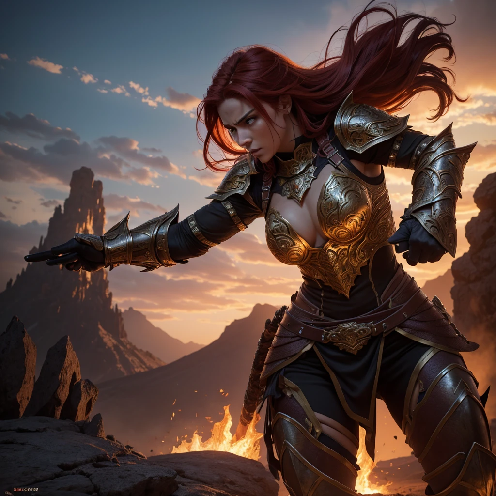 a fierce female warrior in a fantasy setting, intricate armor and weaponry, dramatic lighting, intense action pose, fiery red hair flowing, detailed facial features, muscular physique, desert or volcanic background, cinematic composition, (best quality,4k,8k,highres,masterpiece:1.2),ultra-detailed,(realistic,photorealistic,photo-realistic:1.37),digital painting,concept art,dramatic lighting,vibrant colors,intricate details