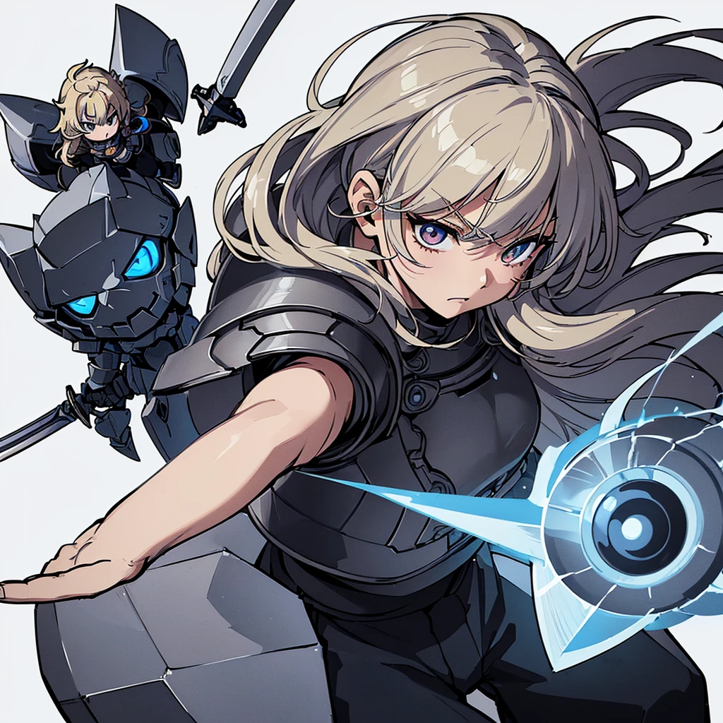 (((Chibi Character、Character Sheet)))、(Full body character concept)、Highest quality, Best Quality、(((Simple grey armor、Black trousers))、(woman、18-year-old)、(Blonde、Long Hair)、(White background)、(Puffy face)、(Cowboy Shot)、Glowing blue aura、(sword、Deathblow、flash)、Movement angle、(From above at an angle)