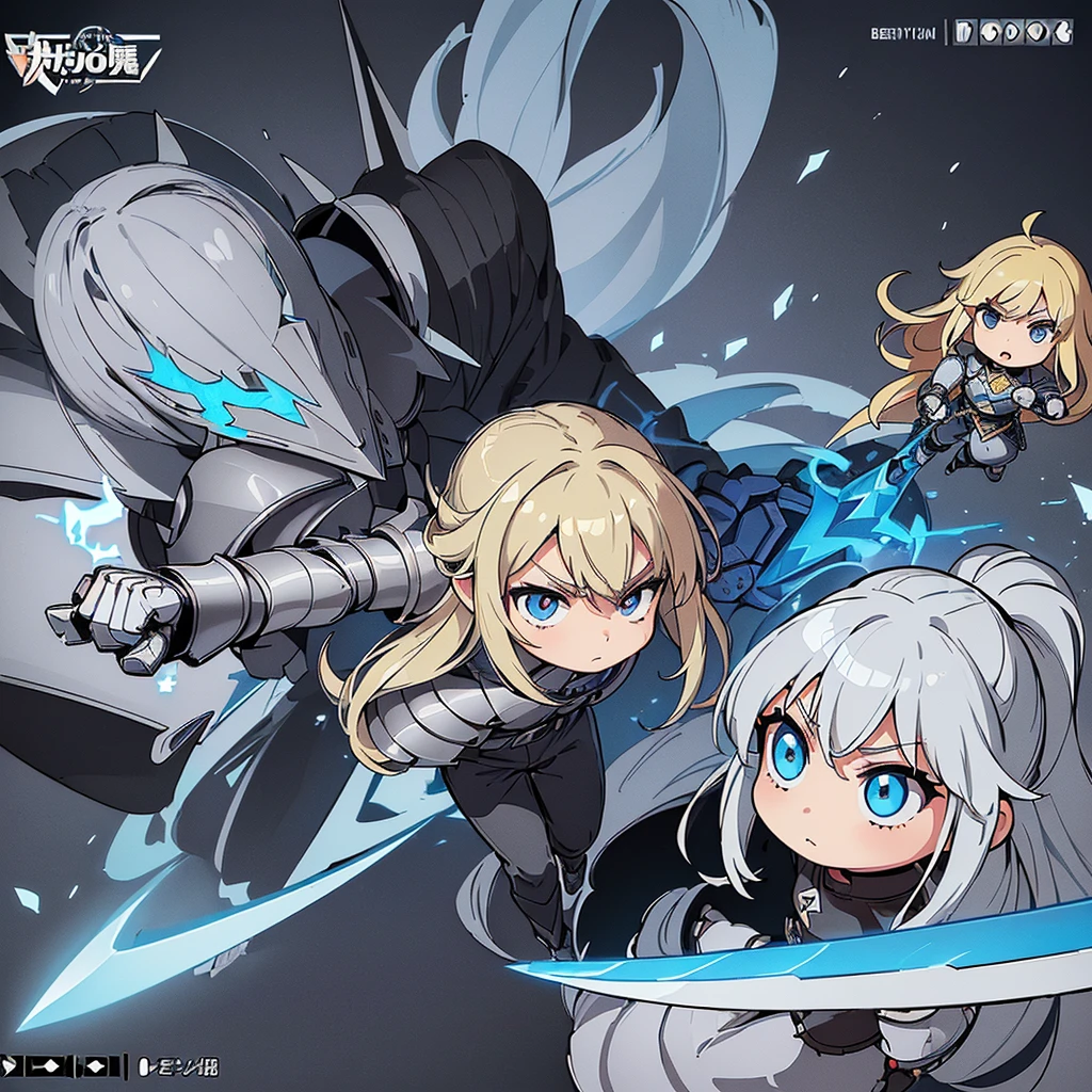 (((Chibi Character、Character Sheet)))、(Full body character concept)、Highest quality, Best Quality、(((Simple grey armor、Black trousers))、(woman、18-year-old)、(Blonde、Long Hair)、(White background)、(Puffy face)、(Cowboy Shot)、Glowing blue aura、(sword、Deathblow、flash)、Movement angle、(From above at an angle)