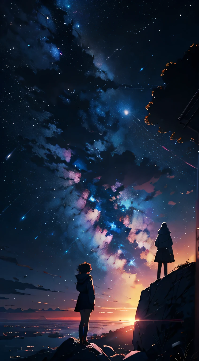 Anime girl standing on a rock looking at the star-filled sky, Makoto Shinkai Cyril Rolland, anime art wallpaper 4k, anime art wallpaper 4k, Anime Art Wallpapers 8K, Space Sky. by Makoto Shinkai, Inspired by Cyril Rolland, Dan Mumford's Artwork Style, Awesome Wallpapers, by Yuumei