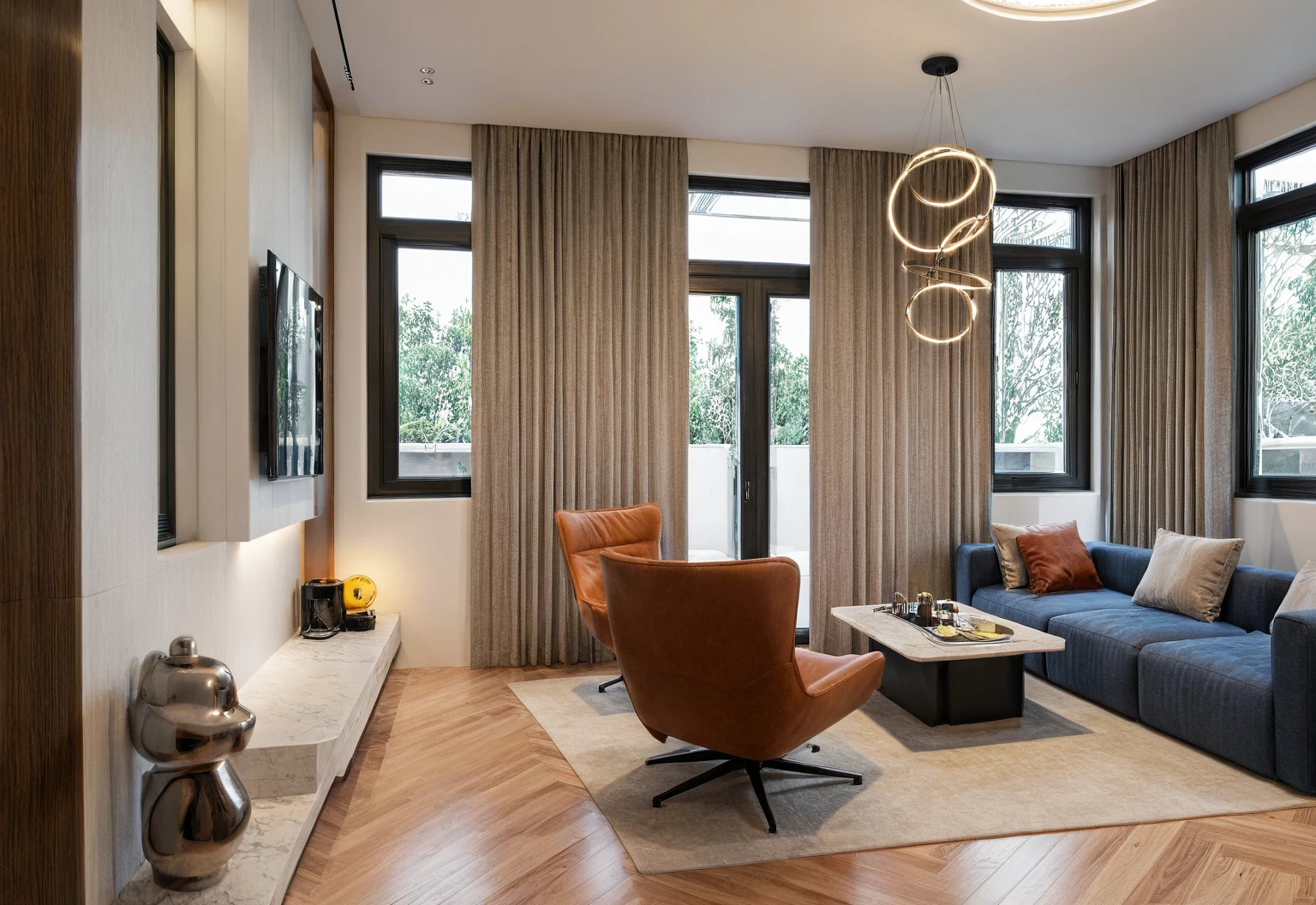 Raw photo,Masterpiece, high quality, best quality, authentic, super detail,
exterior, living style modern, glass windows, trees, sky, cloud, (daylight:1.1), white wall, wood flor, white ceiling, blu sofa,